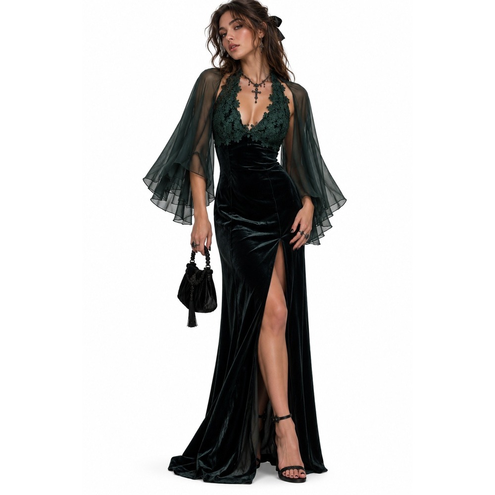 Vintage 90s Velvet Lace Halter Maxi Dress sz M Green Jewel Tone Dark Romantic